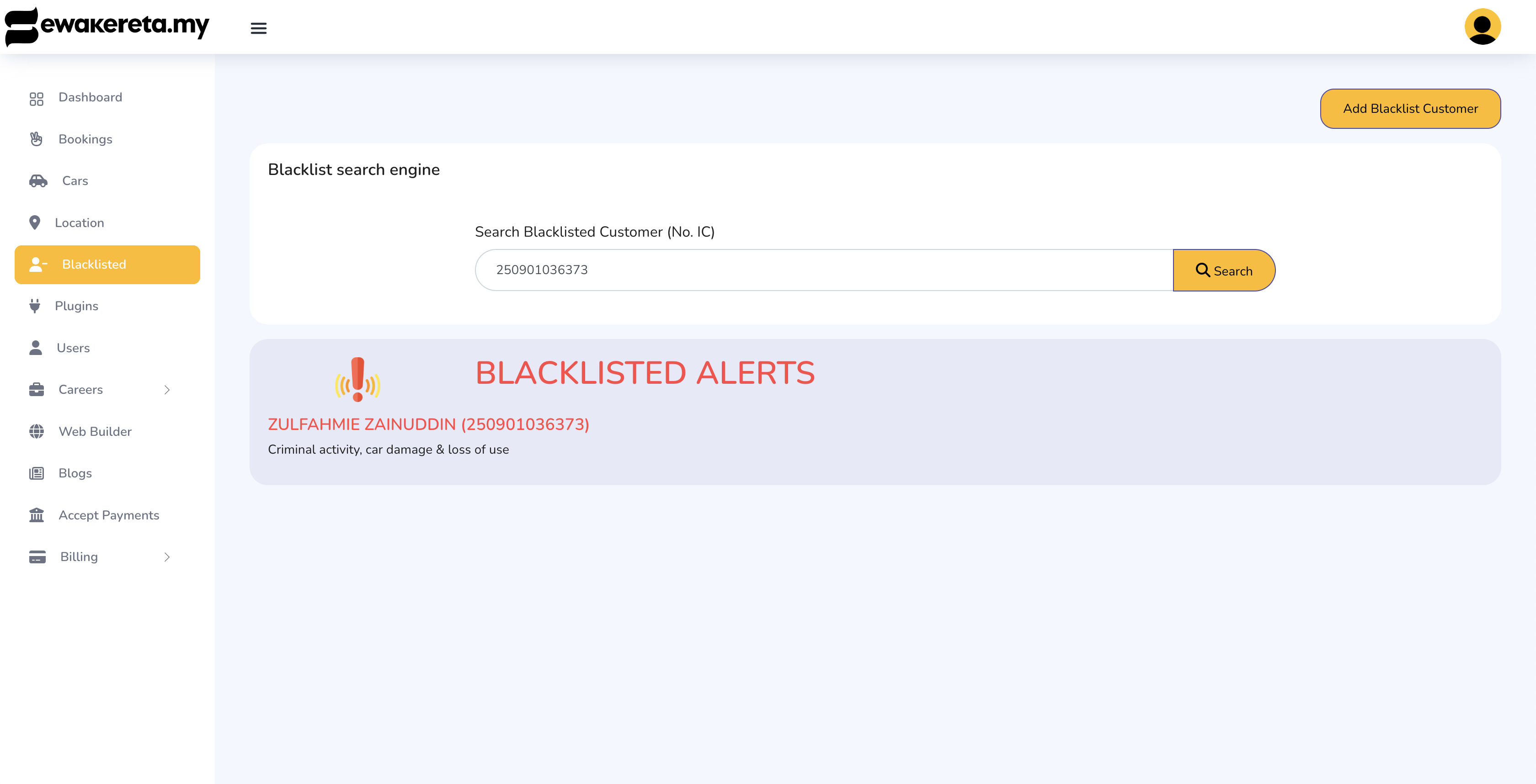 Senarai Pelanggan Blacklist
